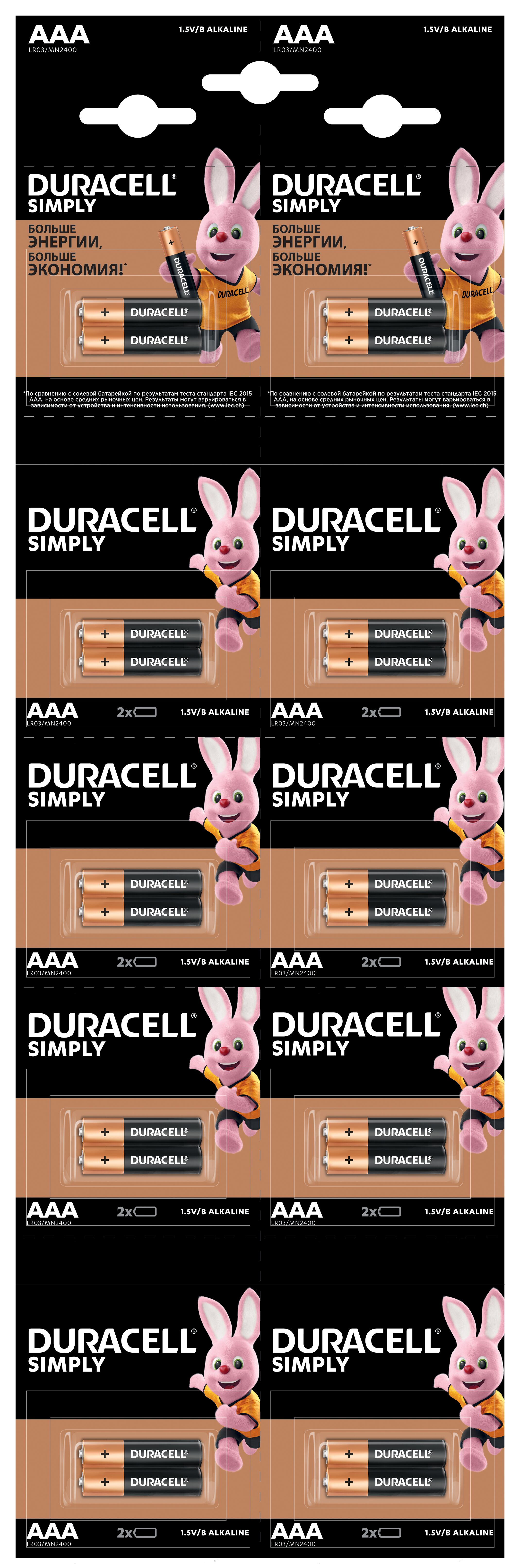 Элемент питания DURACELL LR03 отрывной SIMPLY BL20 2*10 (20/240/33600)