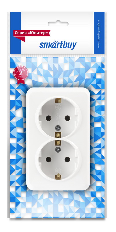 Розетка SMARTBUY 2-местная 16А, ОУ, с заземлением белая "Юпитер" (SBE-03w-16-S2-Z) (1/10)