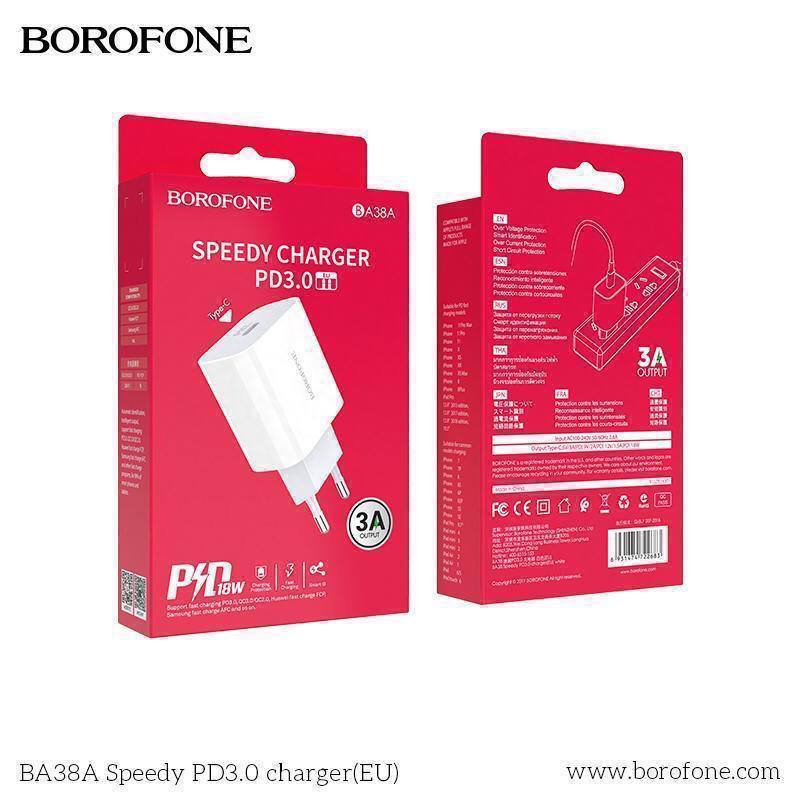 Блок питания сетевой 1 Type-C Borofone BA38A Plus, Speedy, 3000mA, пластик, QC3.0 + PD3.0, цвет: бел