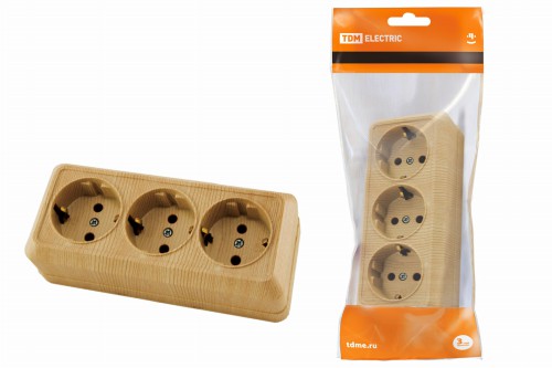 Розетка 3-х местная горизонтальная 2П+3 открытой установки IP20 16A сосна "Ладога" TDM (6/60)